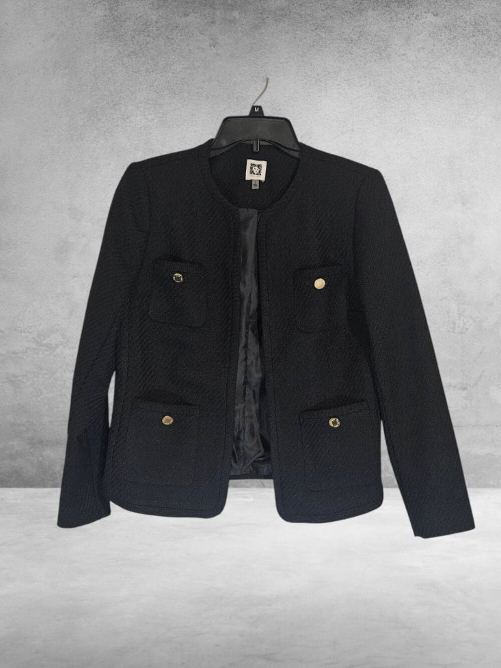 Anne Klein Sz S Women's Black Tweed Open-Front Cropped 4 Pocket Jacket Blazer